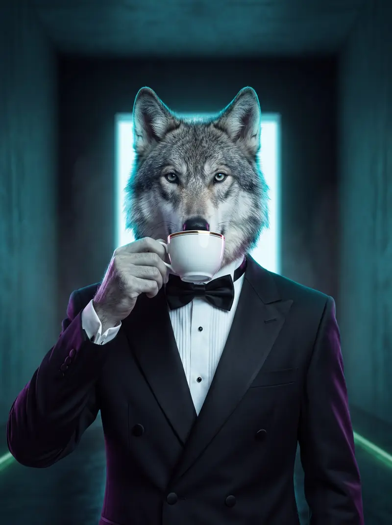 Señor Lobo, lobo de traje oscuro sosteniendo una taza de café
