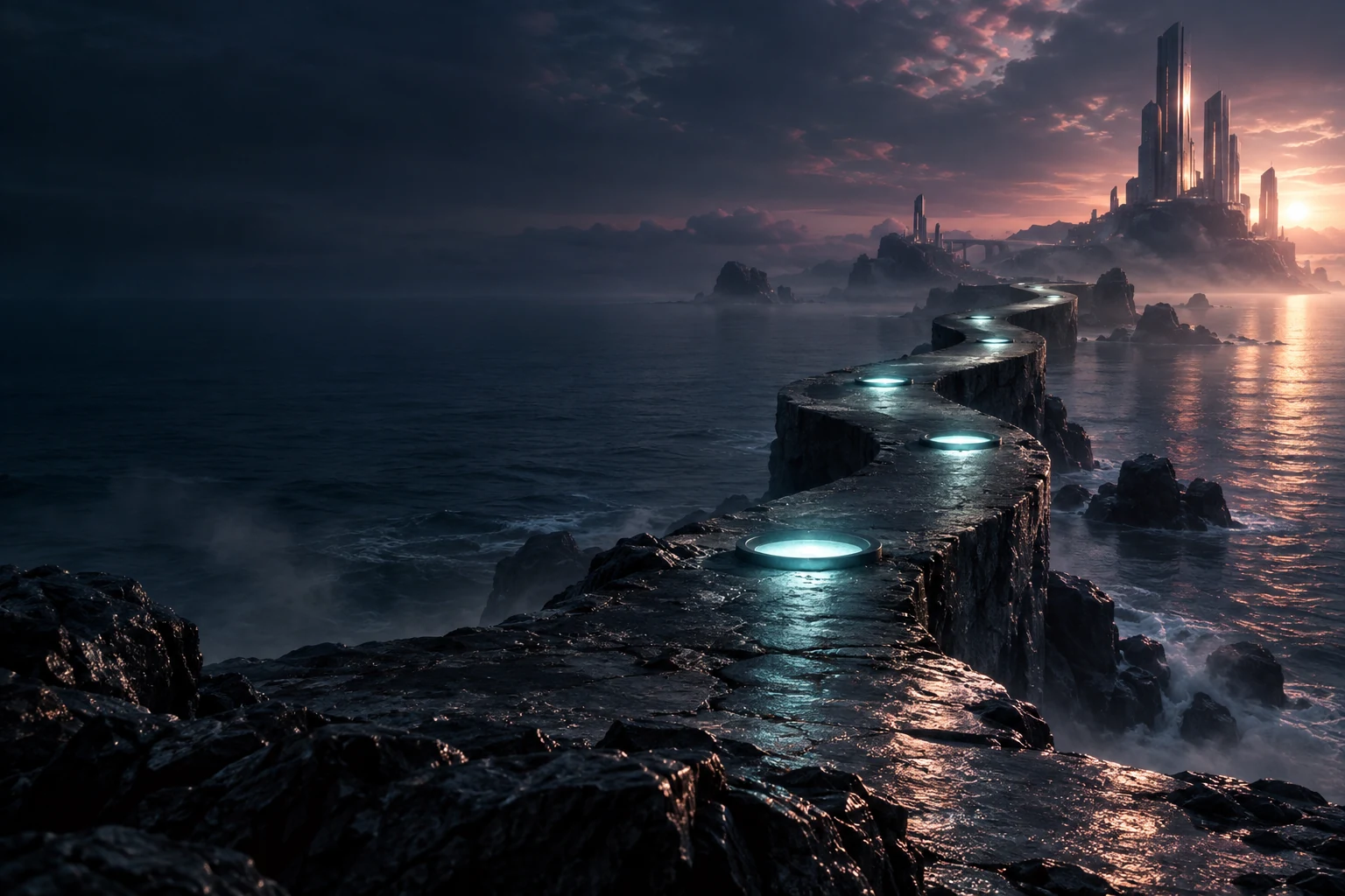 Cinco hitos de luz recorren un camino de piedra sobre el mar hacia una ciudad al amanecer