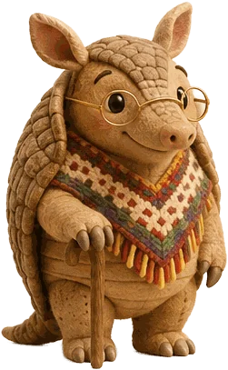 Doña Armanda, armadilla abuela de fieltro con ruana y gafas